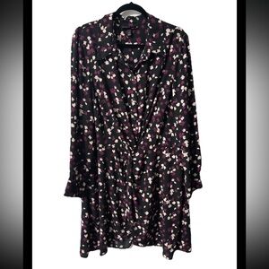 Lane Bryant 20 Black Floral Twist Front  Long Sleeve Wraparound Shirt Dress EUC